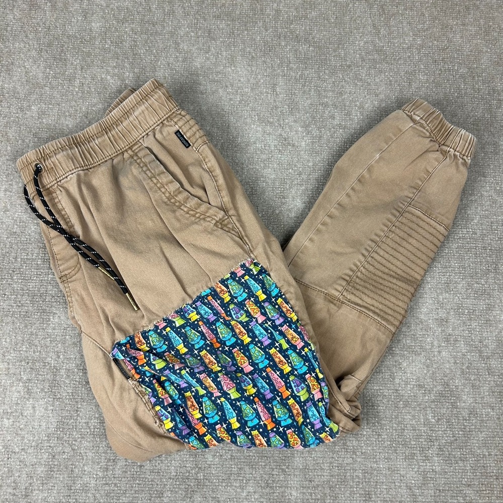 Ring of Fire Jogger Pants Mens XL Khaki Lava Lamp Print Cotton Stretch Mid Rise